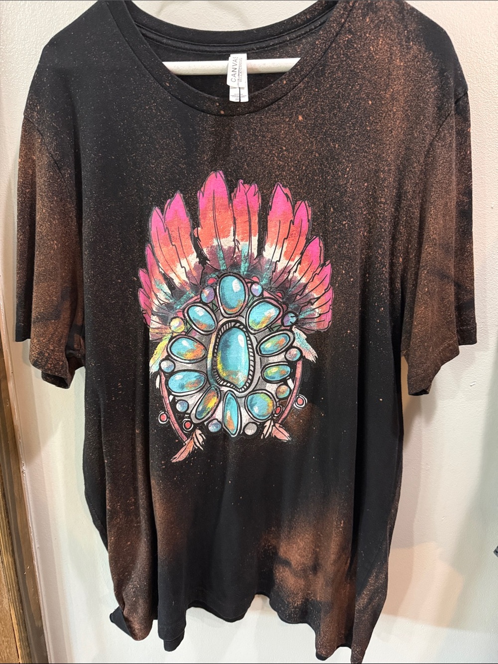 Bella Canvas Black Tee with Turquoise & Pink Feather Headdress